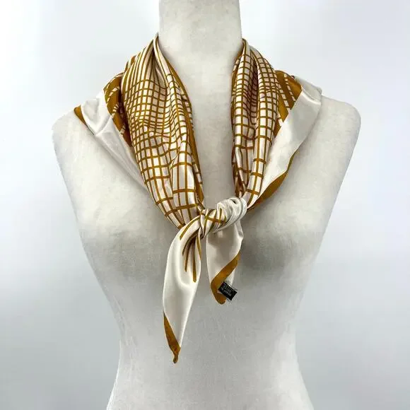 Vintage Gold Cream‎ Satin Square Scarf Geometric Stripes 26 x 26 - Picture 2 of 4